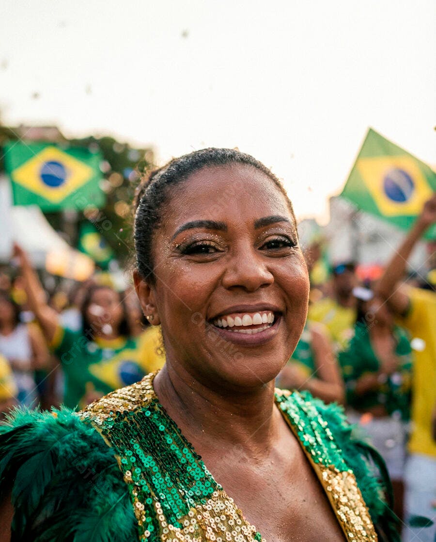 Mulher negra sorrindo em fantasia verde e dourada com bandeiras do Brasil em celebração