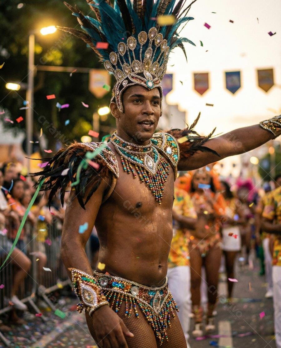 Homem negro dançando carnaval em fantasia colorida com penas e confete na rua à noite