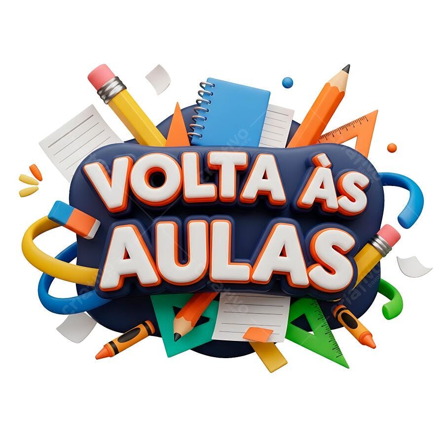 Selo 3D Volta às Aulas educacional colorido com material escolar