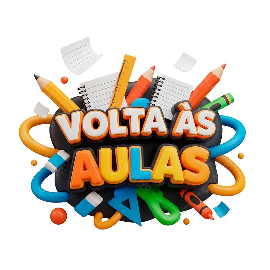 Selo 3D de campanha Volta às Aulas colorido com material escolar