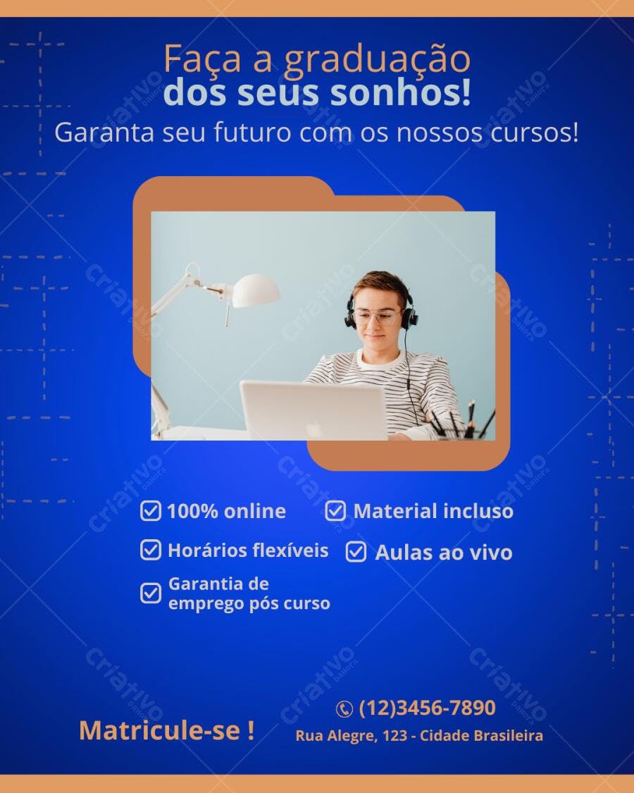 Post Instagram graduação online jovem estudante azul e laranja Editável no Canva