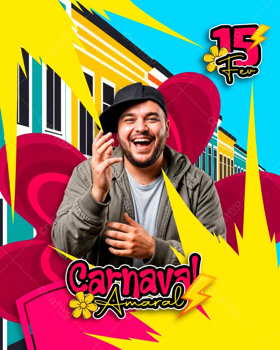 Flyer de Carnaval Amaral 15 Fev PSD Editável