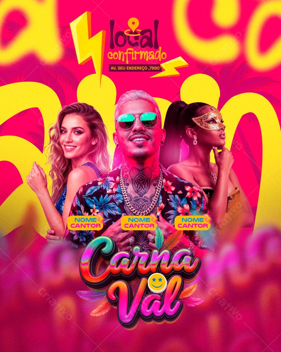 Flyer de Festa Carnaval Neon com Cantores e Máscara PSD Editável