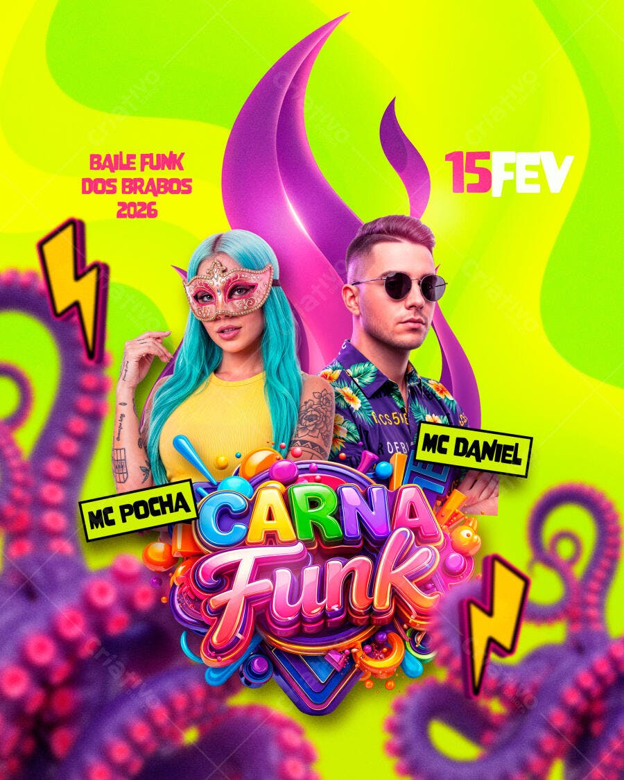 Flyer para Carna Funk Baile com MC Pocha e MC Daniel PSD Editável