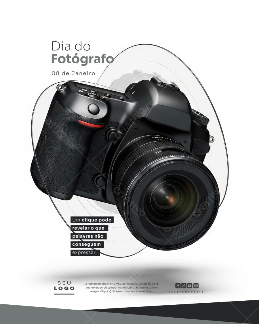 Flyer Dia do Fotógrafo Câmera DSLR Preta PSD Editável