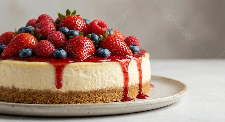 Cheesecake cremoso com frutas vermelhas frescas e calda vibrante