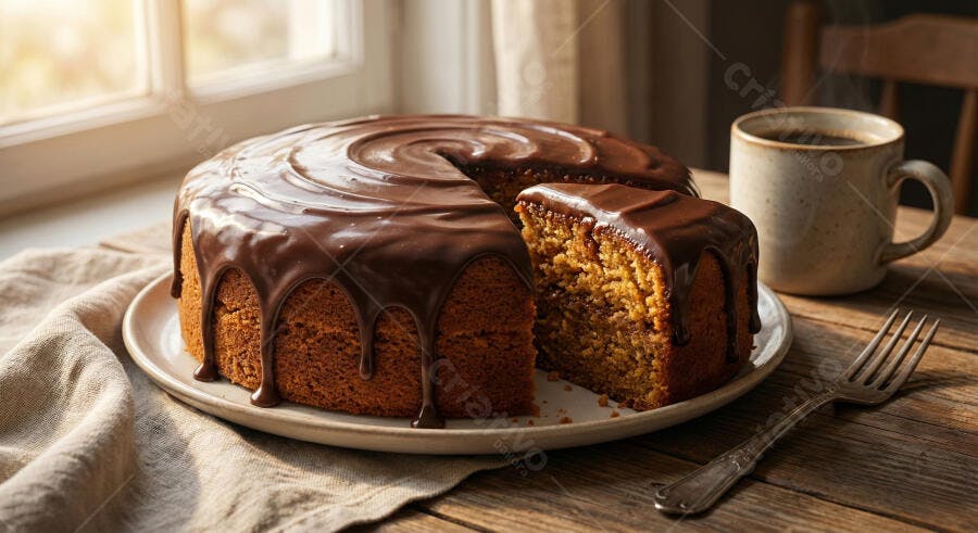 Bolo de chocolate com fatia cortada na mesa rústica ao sol