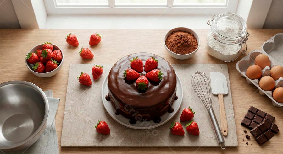 Bolo de chocolate com morangos frescos e ingredientes de confeitaria