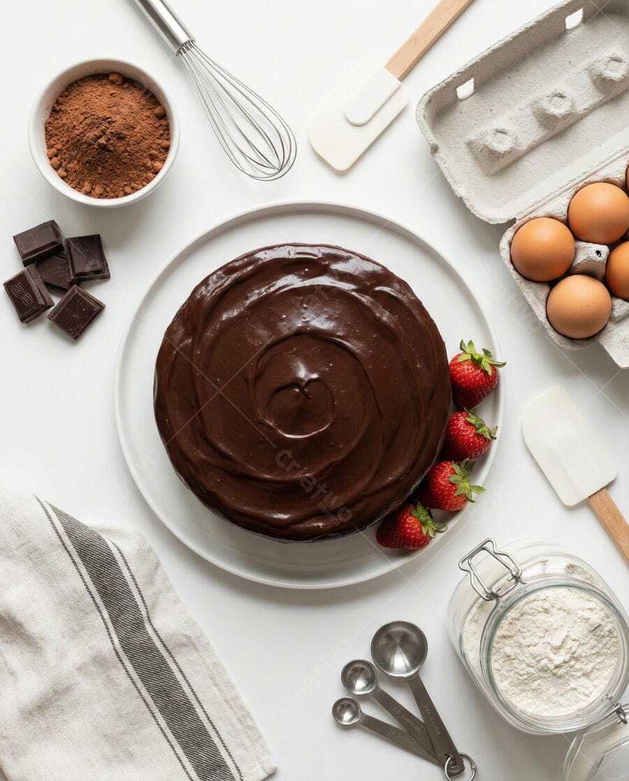 Bolo de chocolate com morangos frescos e ingredientes de confeitaria em mesa branca