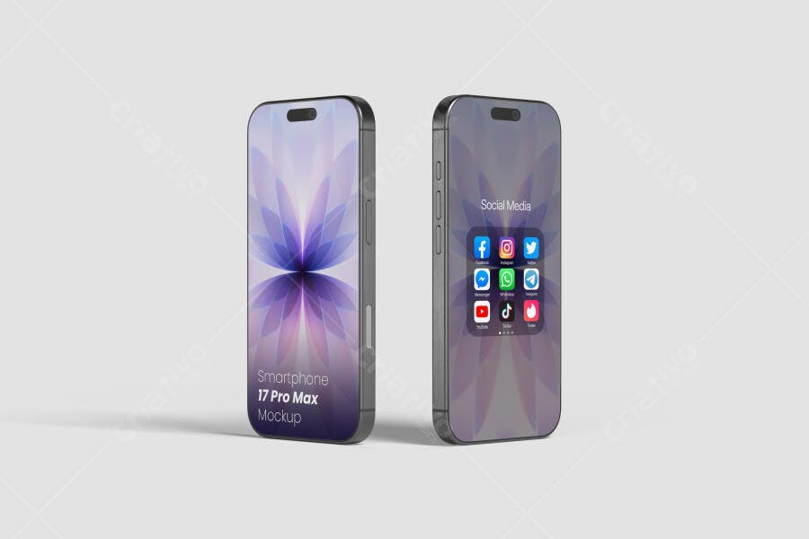 Mockup Realista de Dois Smartphones Modernos Prata com Apps e Fundo Abstrato Roxo