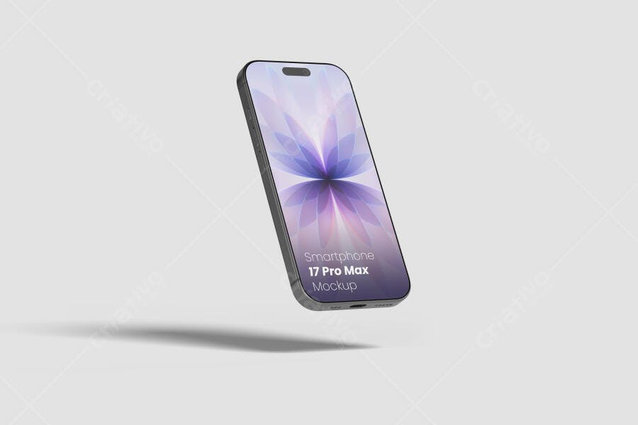 Mockup realista de Smartphone flutuante, tela vibrante roxa, fundo neutro cinza
