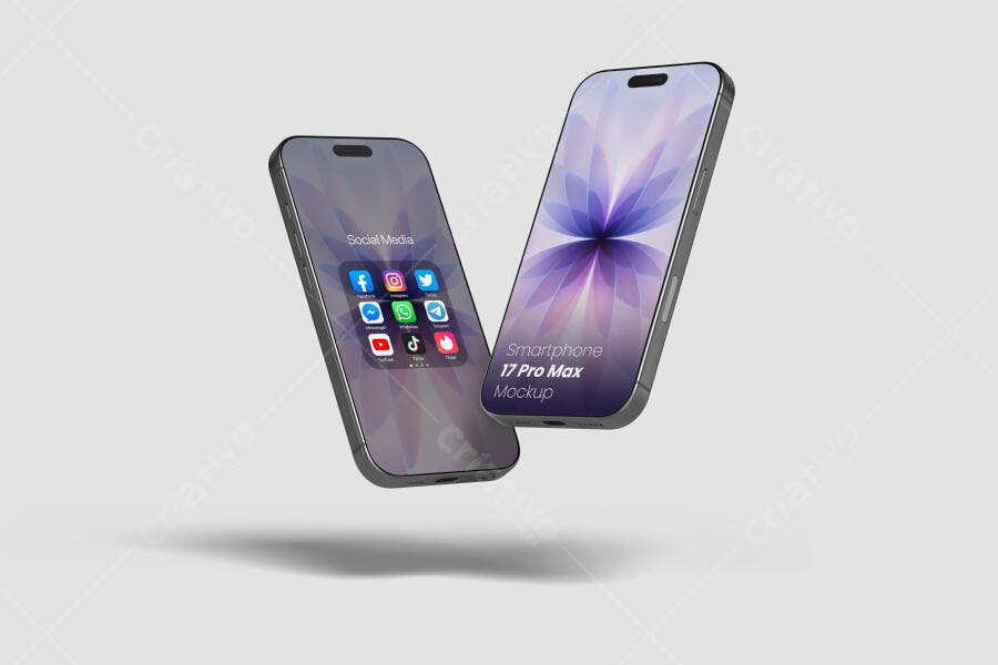 Mockup de Dois Smartphones Modernos Flutuantes com Telas Vibrantes