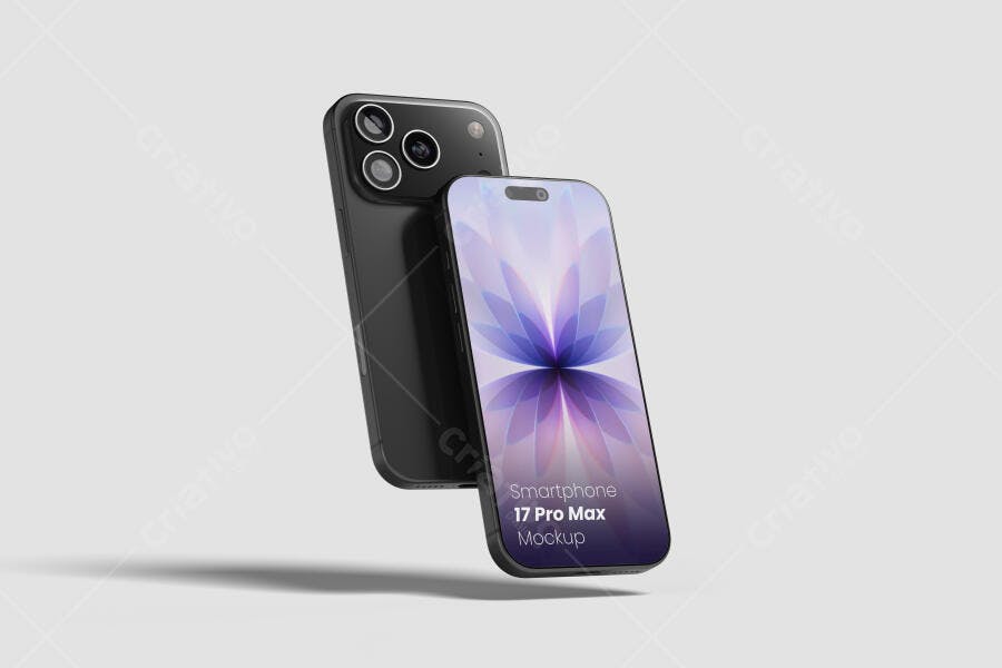 Mockup de Smartphone 17 Pro Max Preto Moderno com Tela Abstrata Roxa