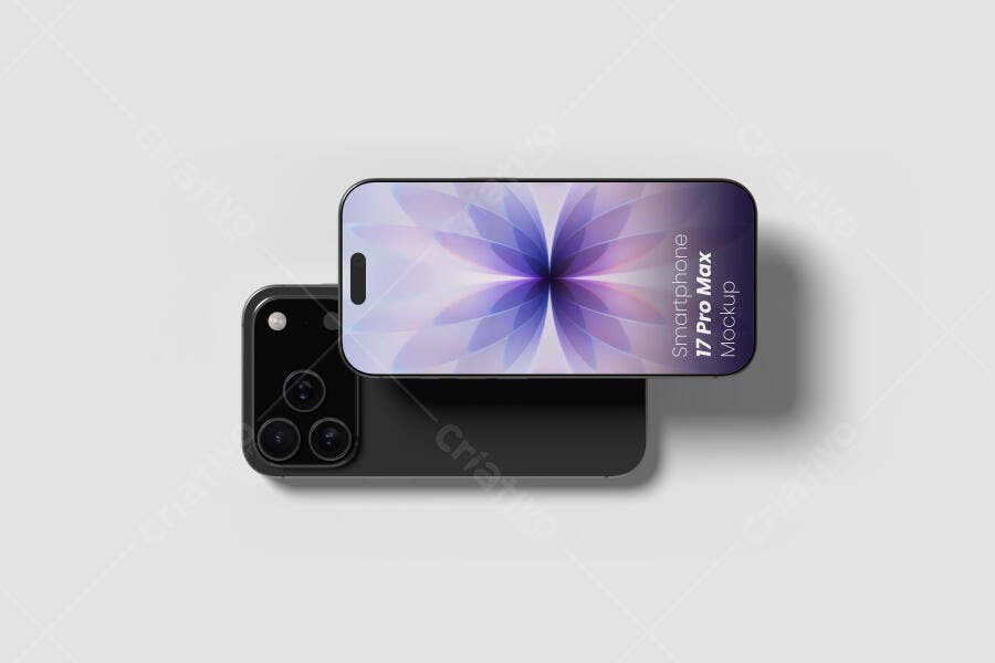 Mockup Realista de Smartphone Preto 17 Pro Max na Horizontal em Fundo Cinza