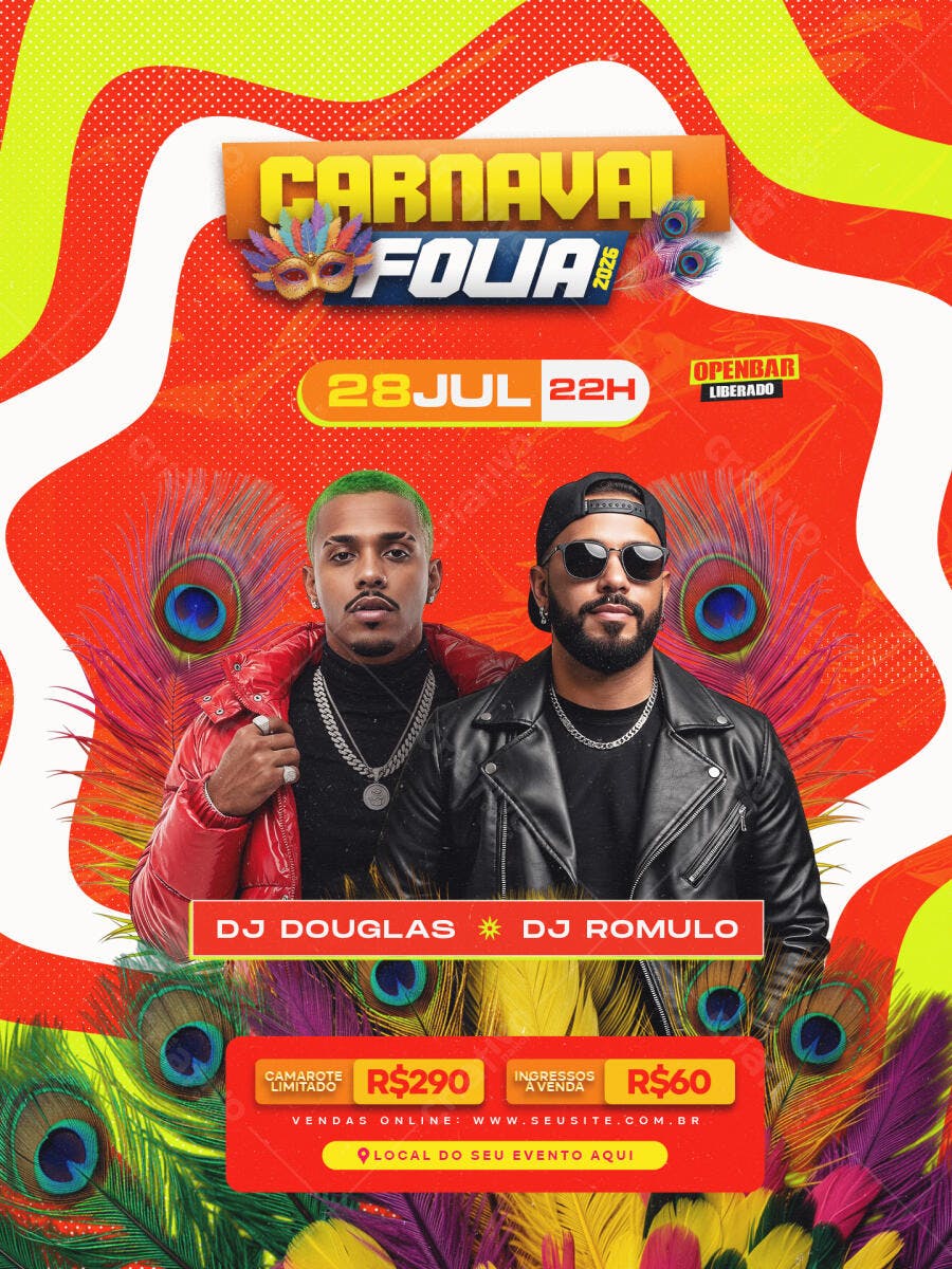 Flyer de Evento Carnaval Folia 2026 com DJs PSD Editável