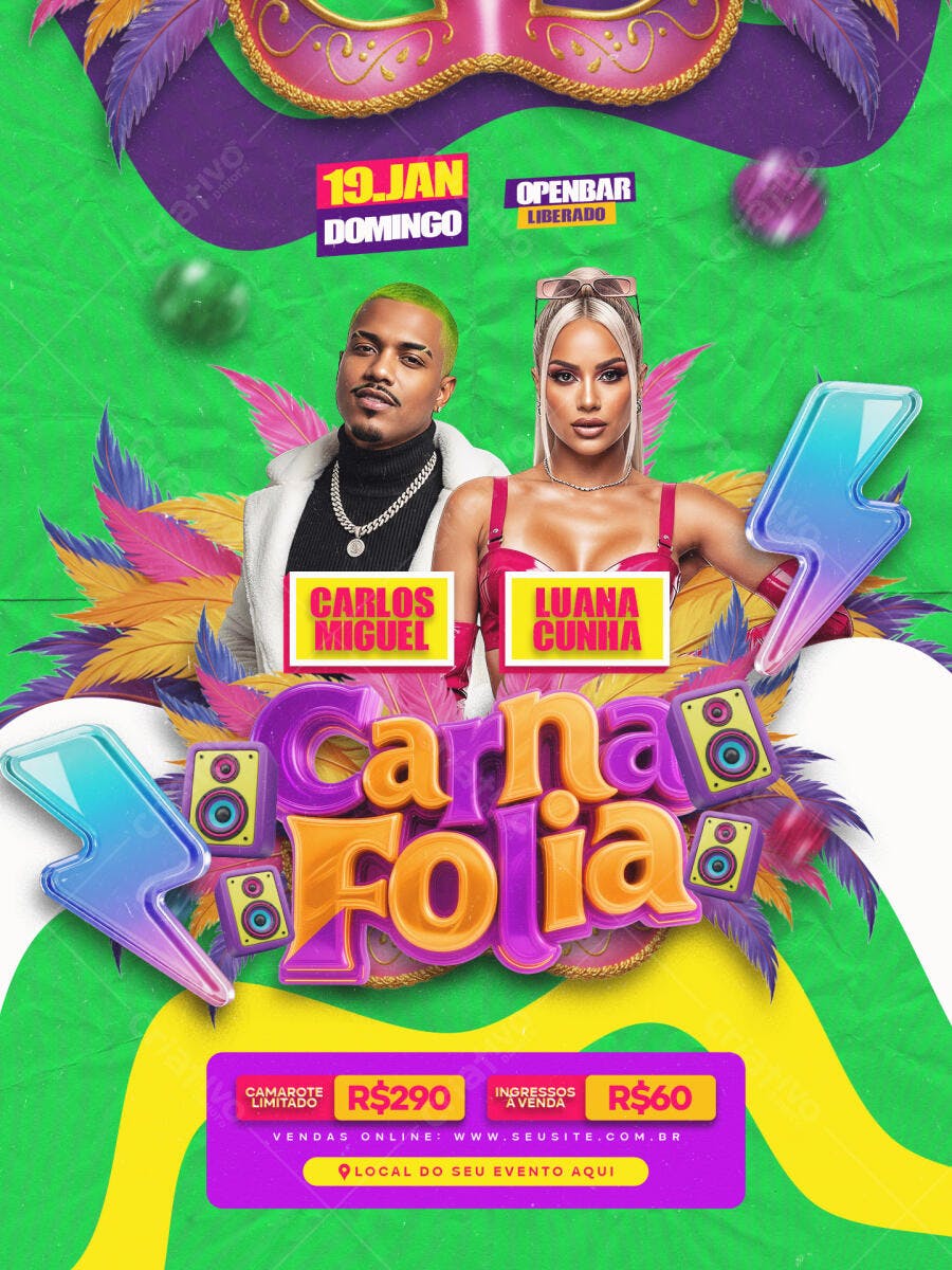 Flyer Carna Folia com Carlos Miguel e Luana Cunha PSD Editável