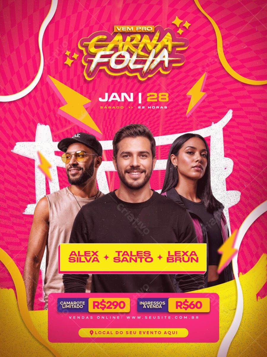 Flyer Festa Carna Folia com Alex Silva Tales Santo Lexa Brun PSD Editável