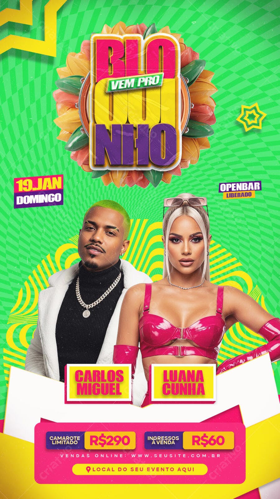 Flyer Festa Bloquinho com Carlos Miguel e Luana Cunha PSD Editável