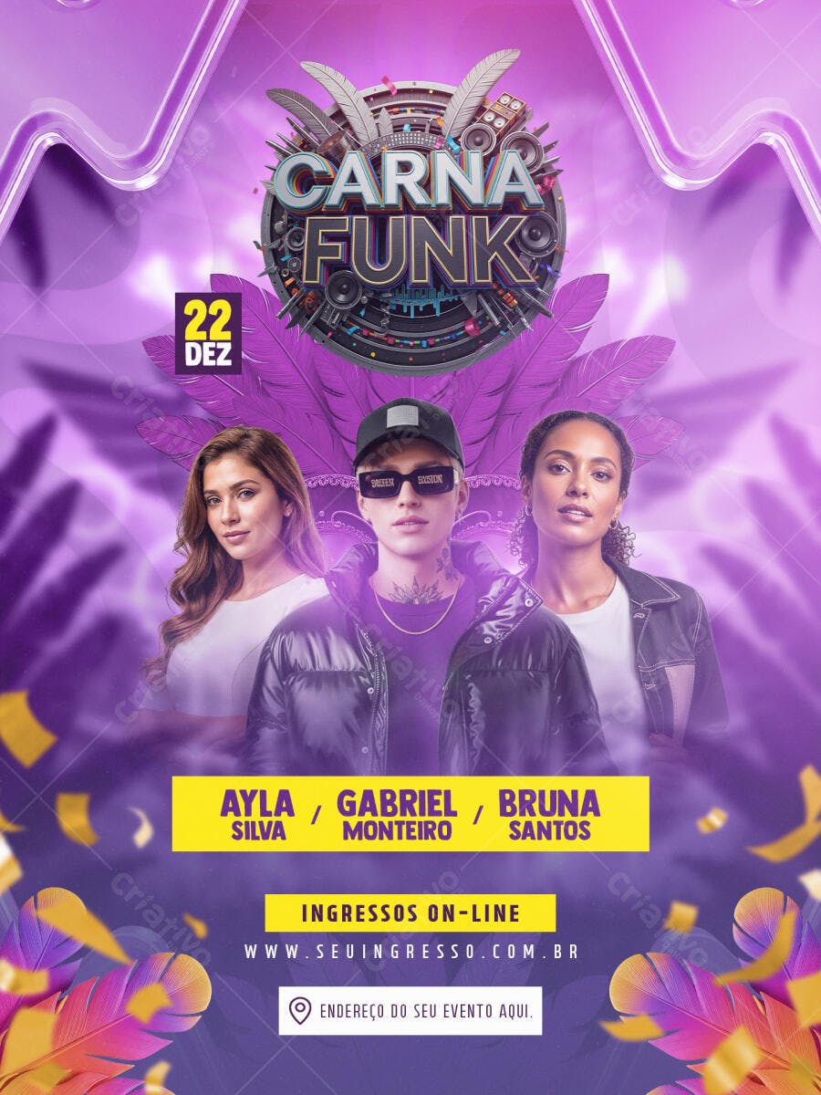Flyer Festa Carna Funk com Gabriel Ayla Bruna PSD Editável