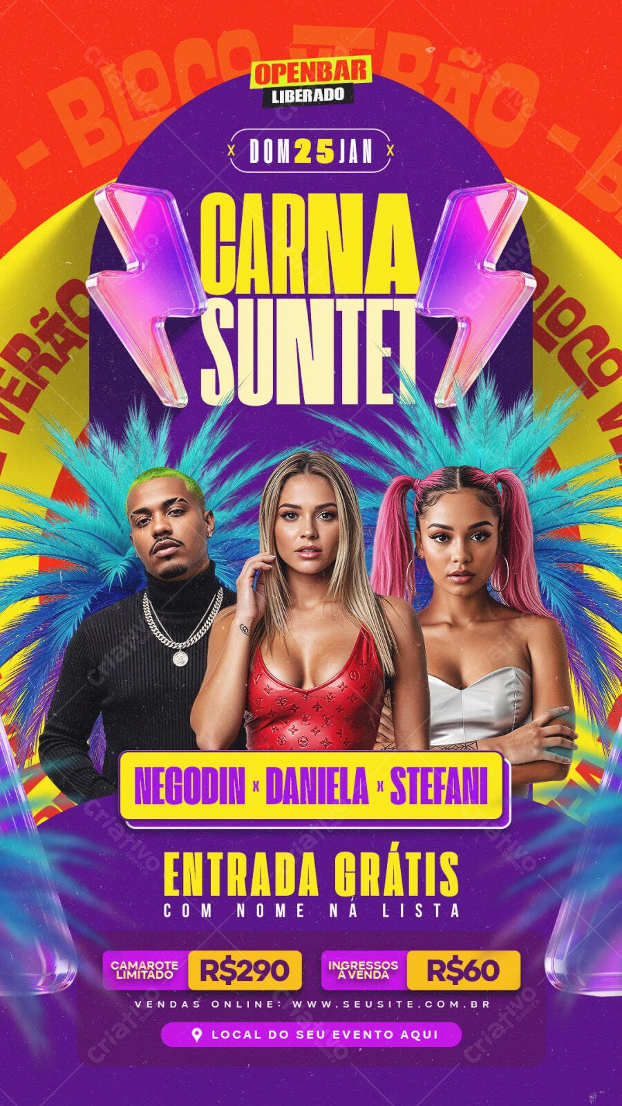 Flyer de Evento Bloco Verão Carna Sunte Open Bar PSD Editável