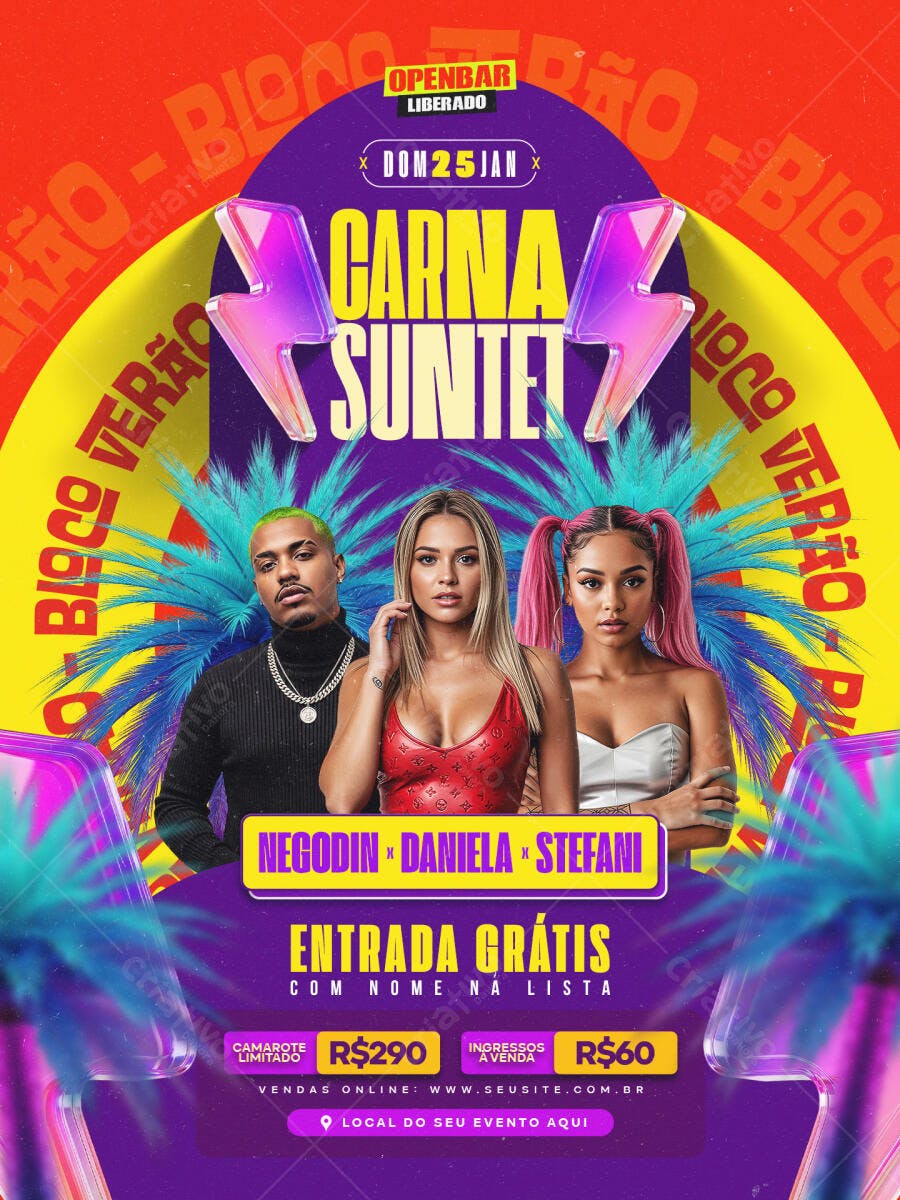 Flyer Bloco Carna Suntei Verão com Open Bar PSD Editável