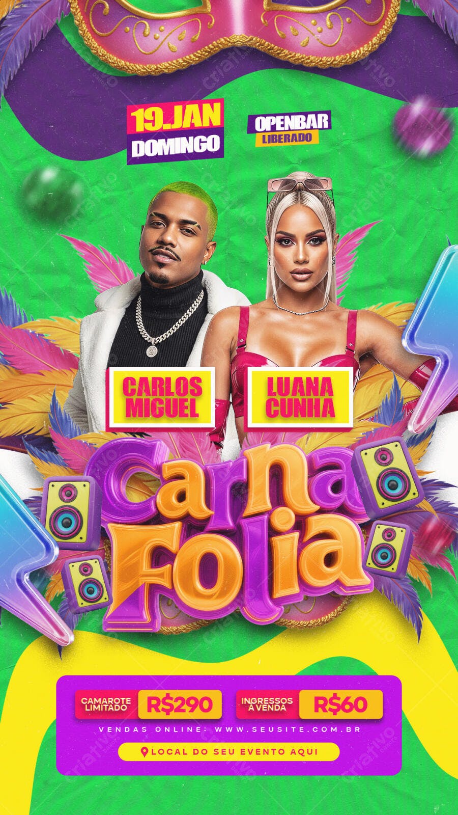 Flyer Carna Folia com Artistas Carlos Miguel e Luana Cunha PSD Editável