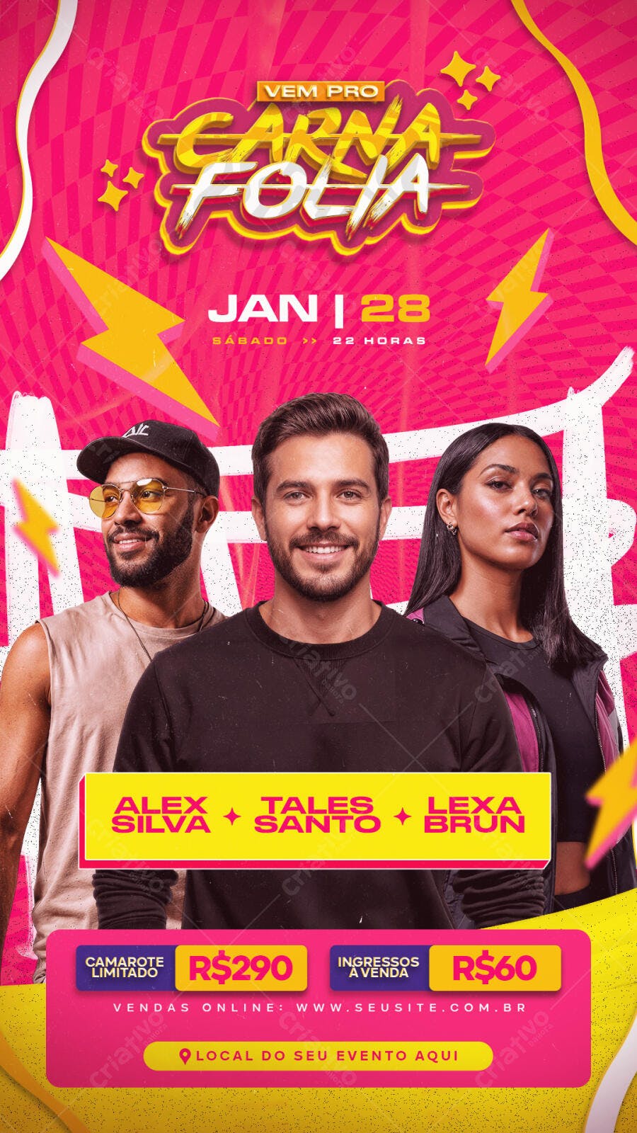 Flyer de Festa Carna Folia com Alex, Tales e Lexa PSD Editável
