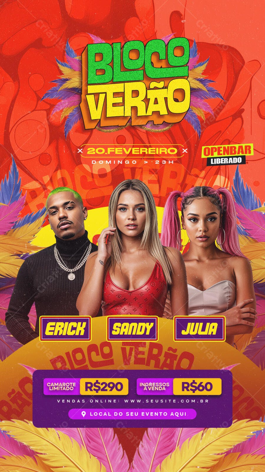 Flyer Bloco Verão 20 Fevereiro Openbar com Erick Sandy Julia PSD Editável