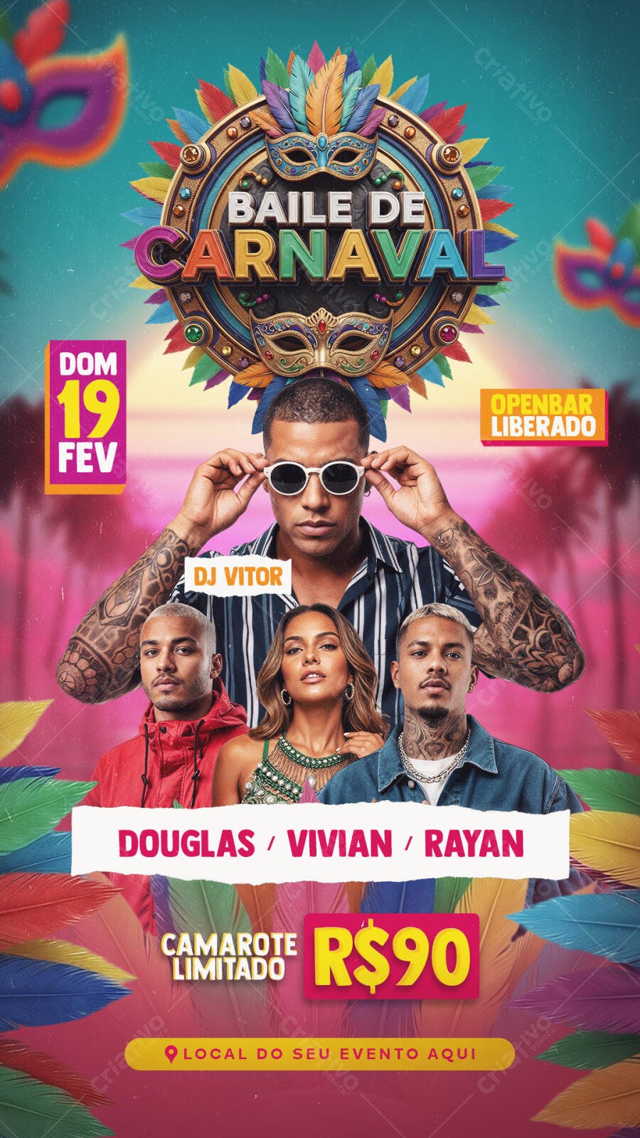 Flyer Baile de Carnaval com DJ Vitor e Openbar PSD Editável