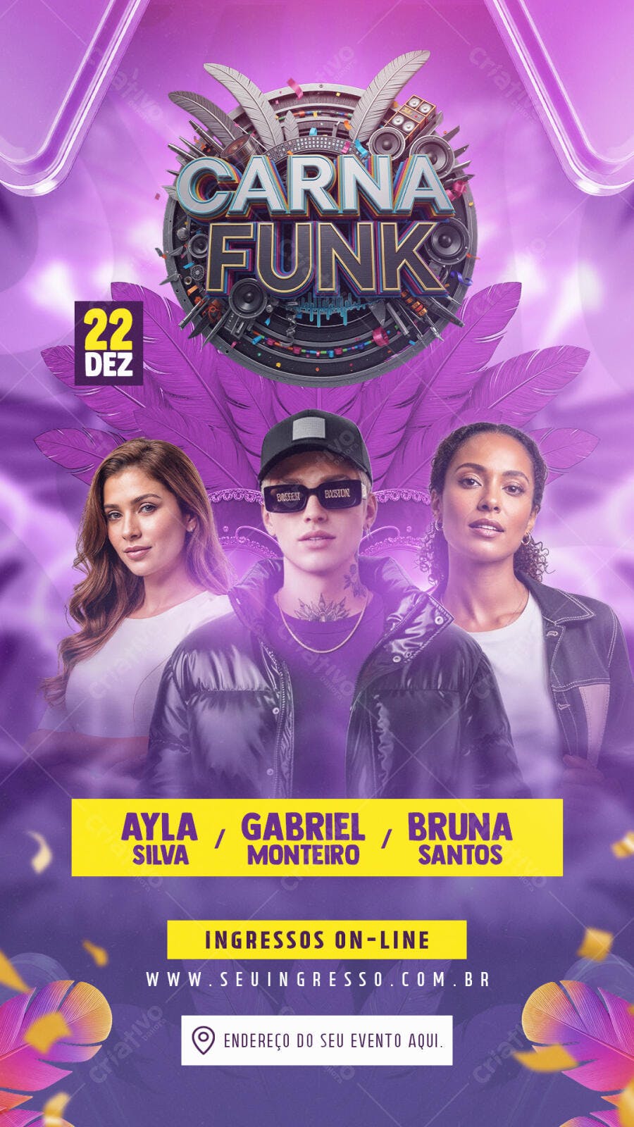 Flyer Carna Funk com Ayla, Gabriel e Bruna PSD Editável