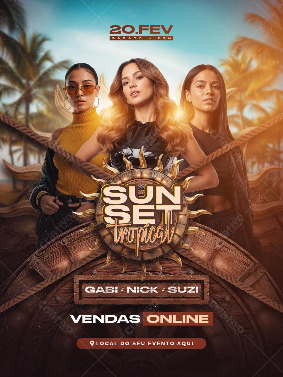 Flyer de Evento SUN SET Tropical com Mulheres PSD Editável
