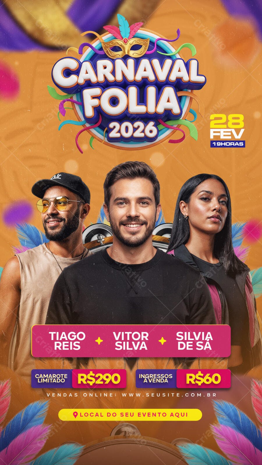 Flyer Carnaval Folia 2026 com Tiago Reis, Vitor Silva e Silvia de Sá PSD Editável