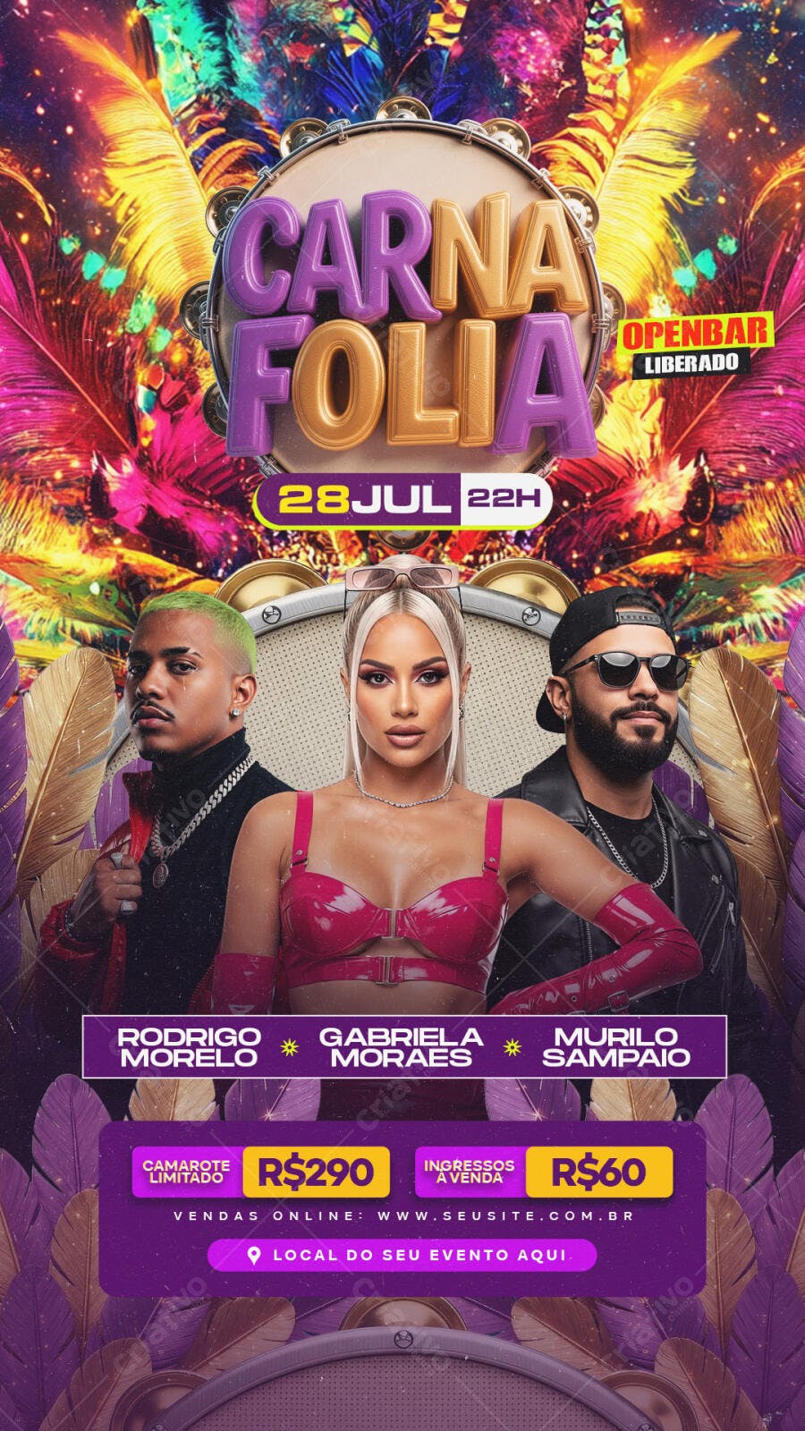 Flyer para Festa Carnafolia Openbar com Artistas PSD Editável