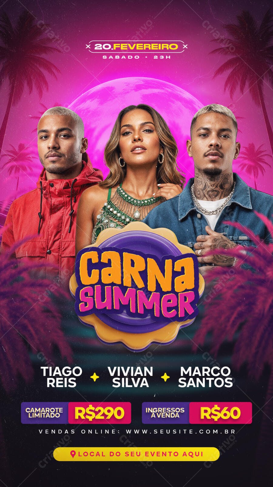 Flyer Carna Summer com Tiago, Vivian e Marco PSD Editável
