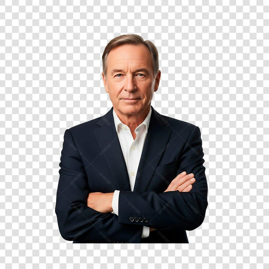 Homem de negócios executivo caucasiano terno azul marinho braços cruzados PNG com fundo transparente