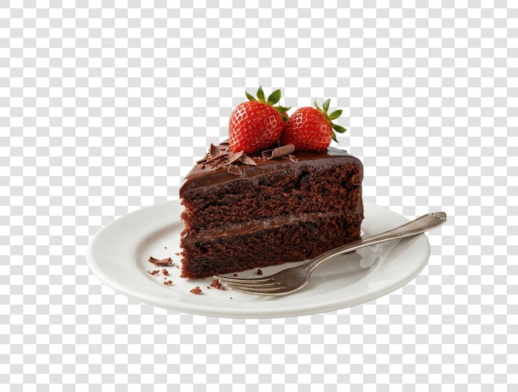 Fatia de bolo de chocolate com morangos e garfo PNG com fundo transparente
