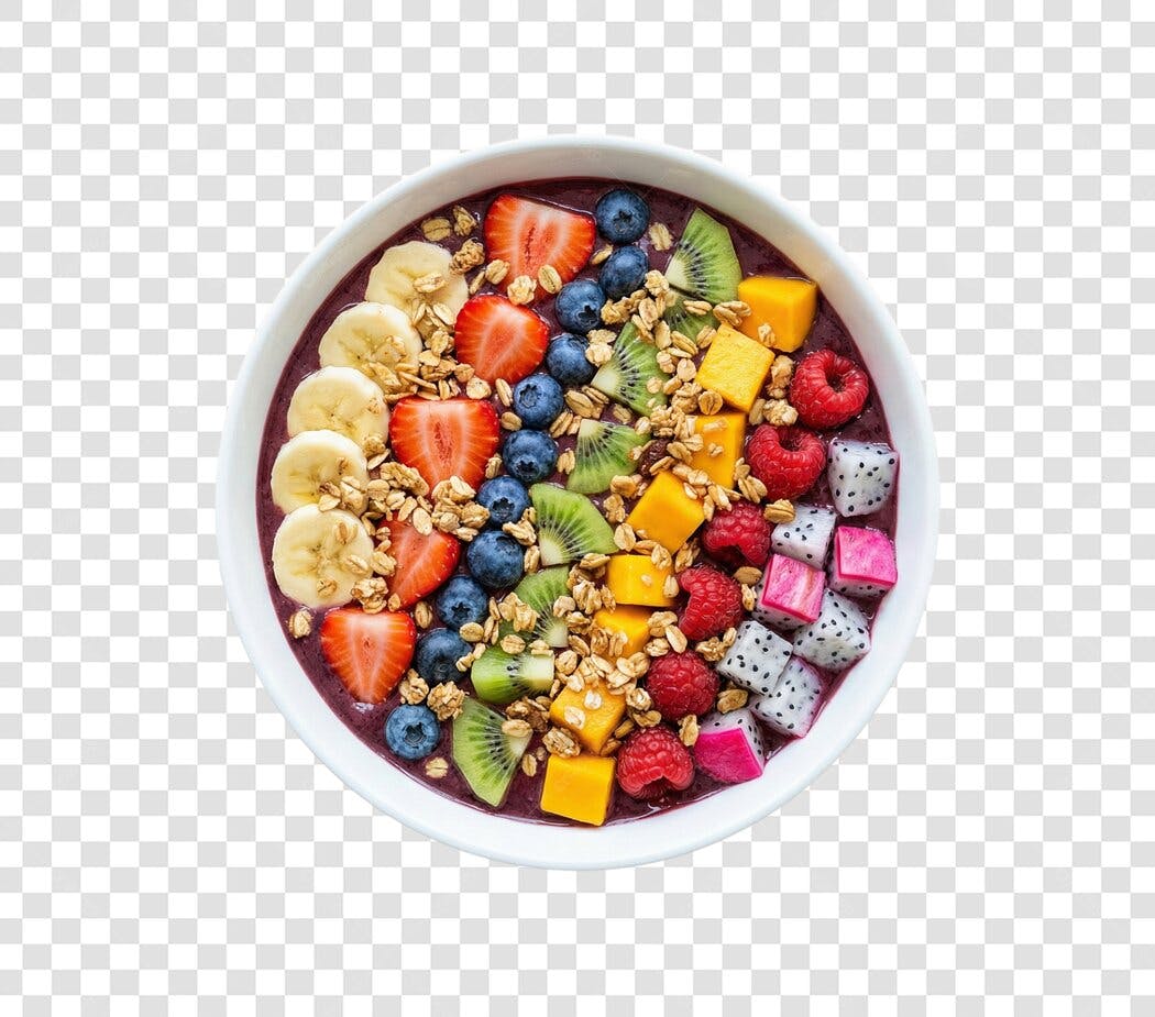Elemento Gráfico Açaí Bowl com Frutas Frescas Coloridas e Granola PNG Fundo Transparente