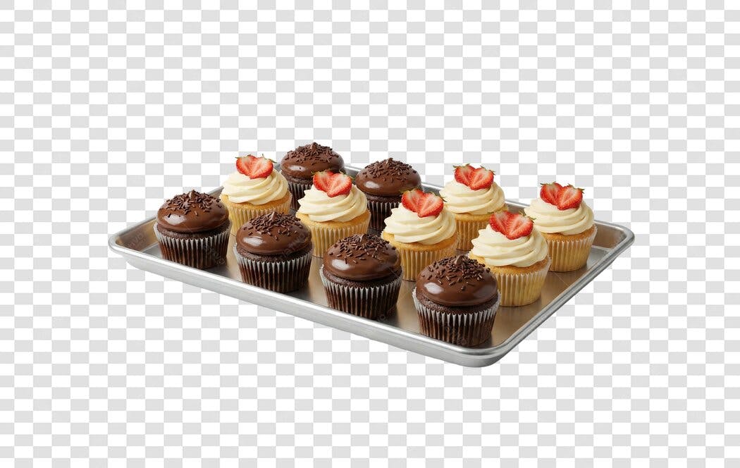 Bandeja de Cupcakes Gourmet Morango e Chocolate para Festa PNG com fundo transparente