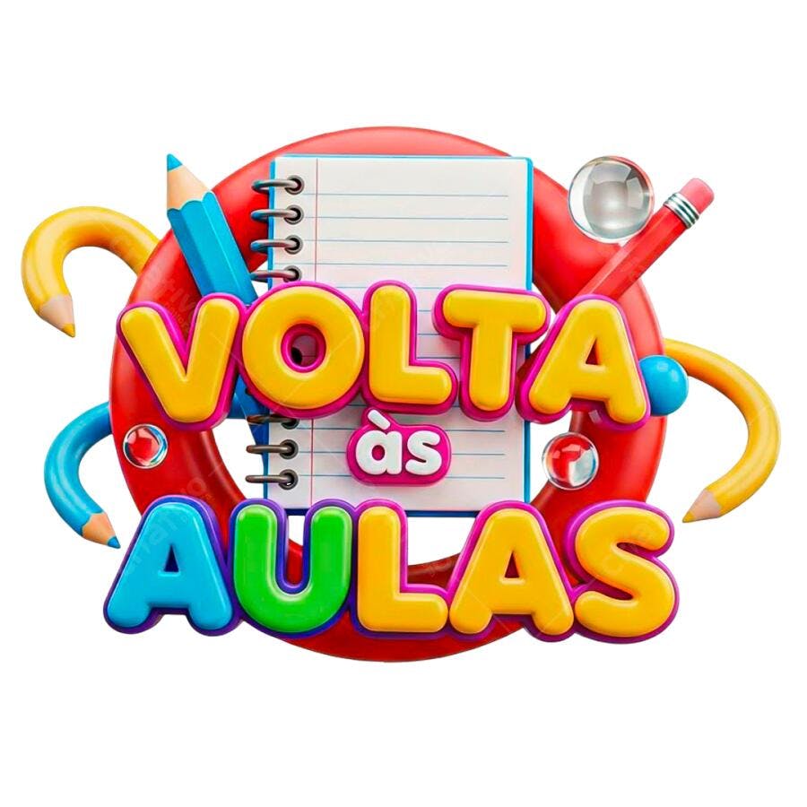 Selo Volta às Aulas 3D colorido lápis caderno PNG com fundo transparente