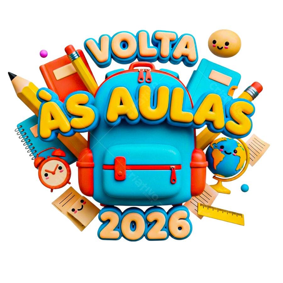 Ilustração 3D Volta às Aulas 2026 Mochila Amarela Azul Laranja PNG com fundo transparente