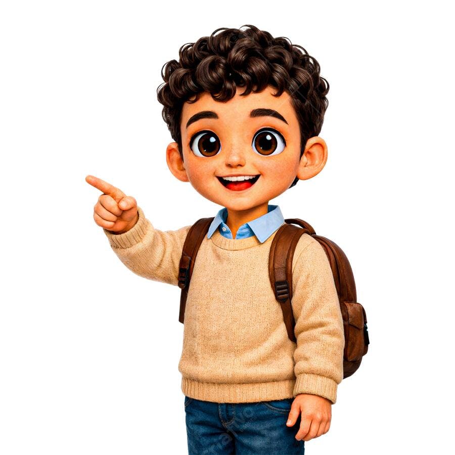 Personagem Menino Estudante Feliz Apontando Mochila Marrom PNG com fundo transparente