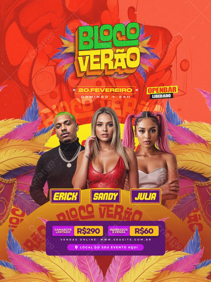 Flyer Bloco Verão de Carnaval com Modelos Jovens e Openbar PSD Editável