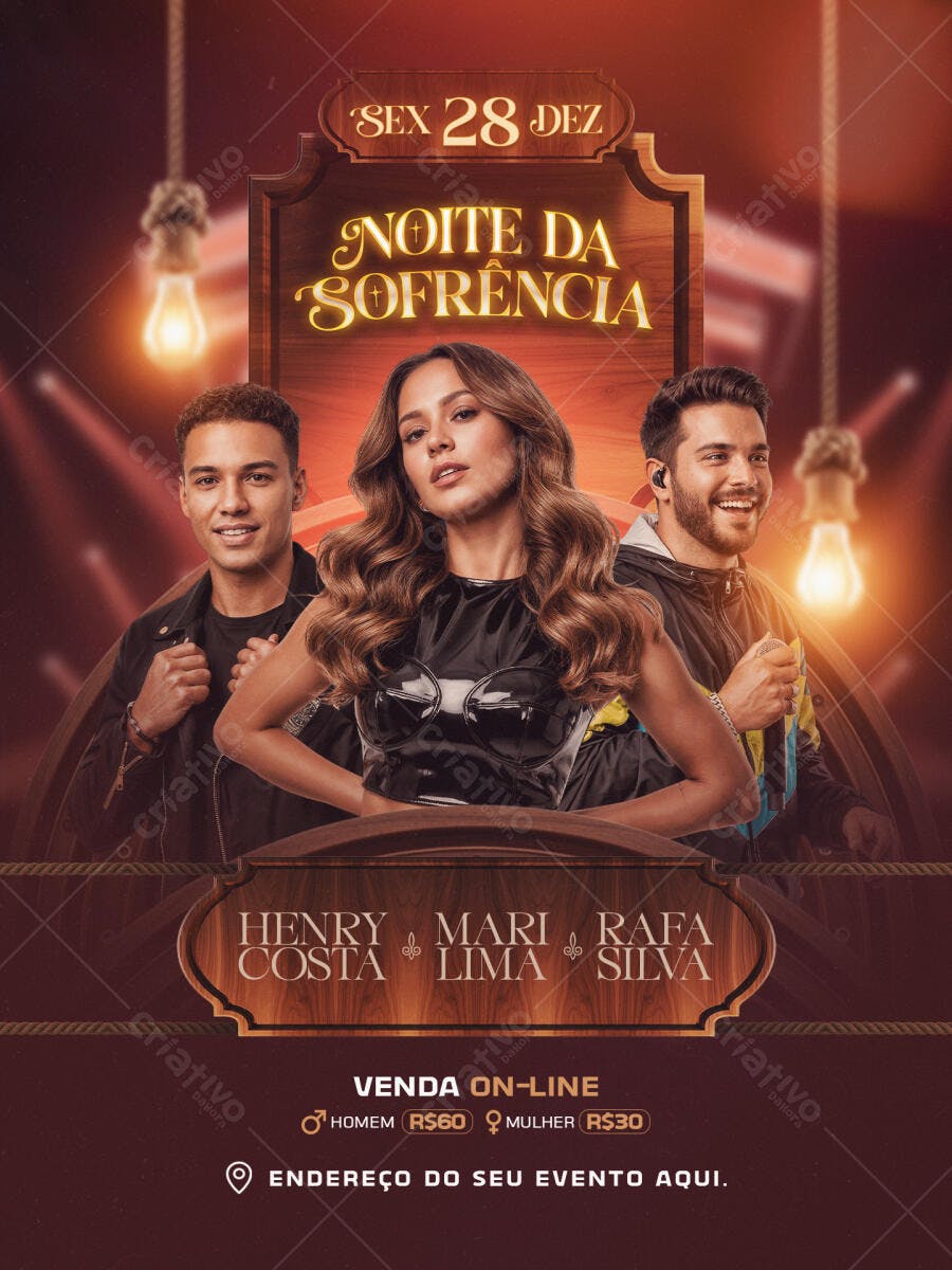 Flyer de Evento Sertanejo Noite da Sofrência com Artistas PSD Editável