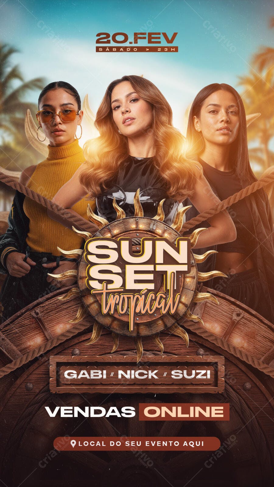 Flyer para Evento Sunset Tropical 20.FEV com Gabi Nick Suzi PSD Editável