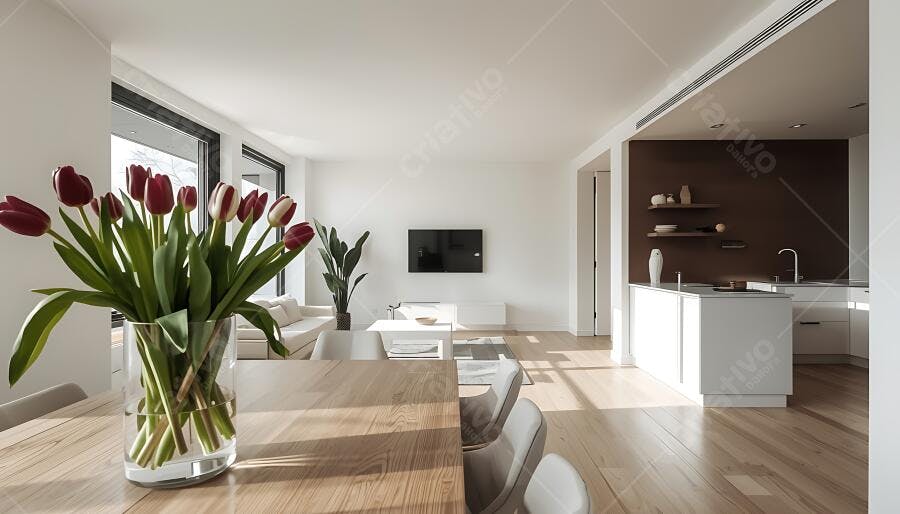 Tulipas coloridas em vaso na sala de estar moderna e iluminada