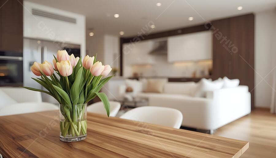 Tulipas rosas e amarelas em vaso na mesa de madeira em sala moderna