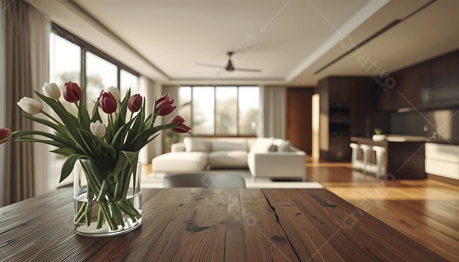 Vaso de tulipas brancas e vermelhas em mesa de madeira em sala moderna