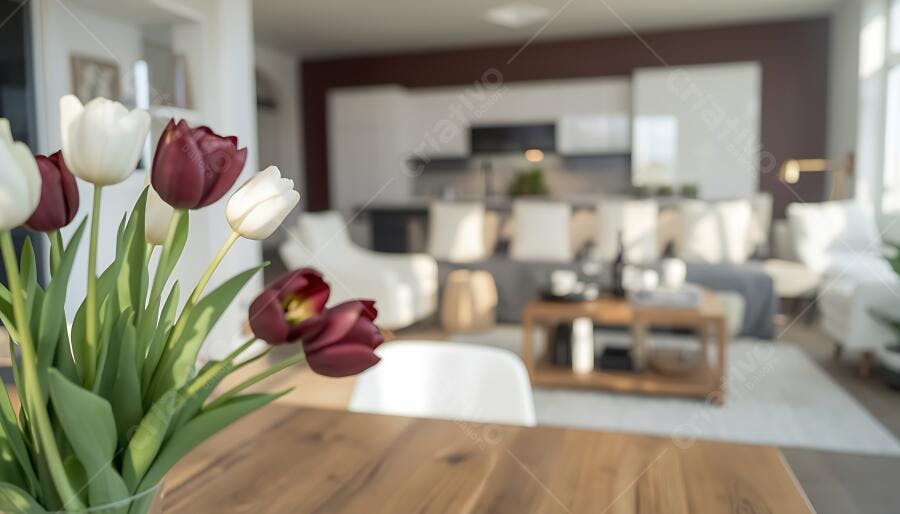 Tulipas brancas e vermelhas em vaso decorando sala de estar moderna e clean