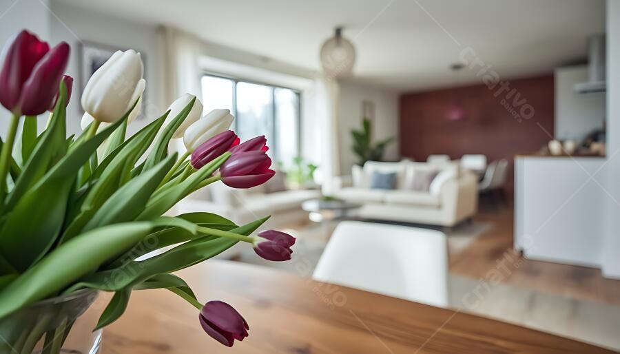 Tulipas brancas e bordô em vaso de vidro sobre mesa em sala moderna e clara