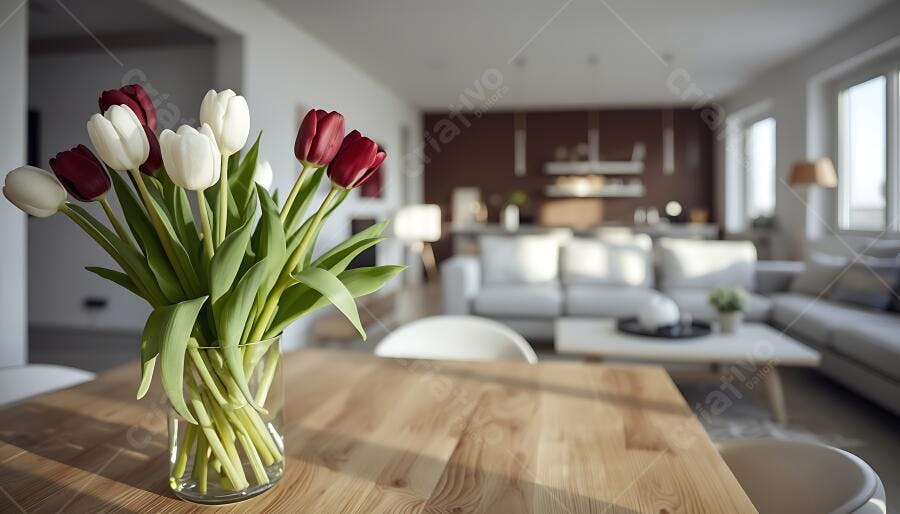 Tulipas brancas e vermelhas em vaso de vidro na mesa de madeira em sala moderna